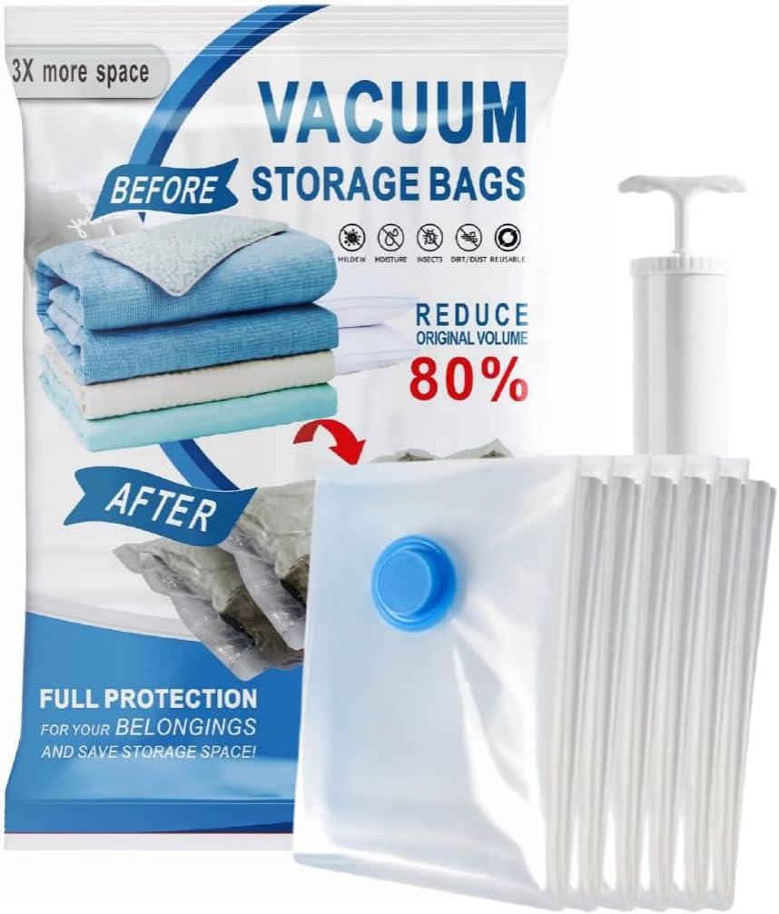 Vacuum Storage Bags, 10 Pack with Electric & Manual Pump, Space Saver Compression Bags for Clothes, Blue and White, Nylon, 4 Medium 4 Large 2 Jumbo, (Hand Pump)