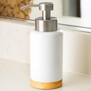 DAILY RITMO Foaming Soap Dispenser | White Ceramic-Like Resin with Bamboo Base and Stainless Steel Foam Pump