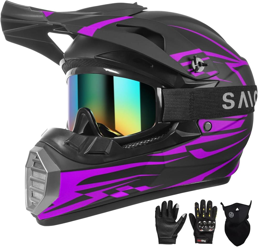 DOT Approved Youth Kids Motocross Helmet - Ultra-Lightweight Full Face Dirt Bike/ATV Helmet with Goggles, Gloves & Face Shield (4-Piece Set) (Small, Black purple)