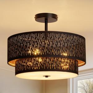 Modern Black Linen Drum Semi Flush Mount Ceiling Light with Pierced Design, Perfect Lighting Fixture for Bedroom, Dining Room, Kitchen, Living Room, or Hallway Chandelier Lamp