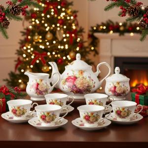 Sliner 21 Pcs British Porcelain Tea Set, Christmas Porcelain Tea Pot, 6 OZ Cups, Floral Vintage China Coffee Set, Wedding Drinking Supplies for Adult