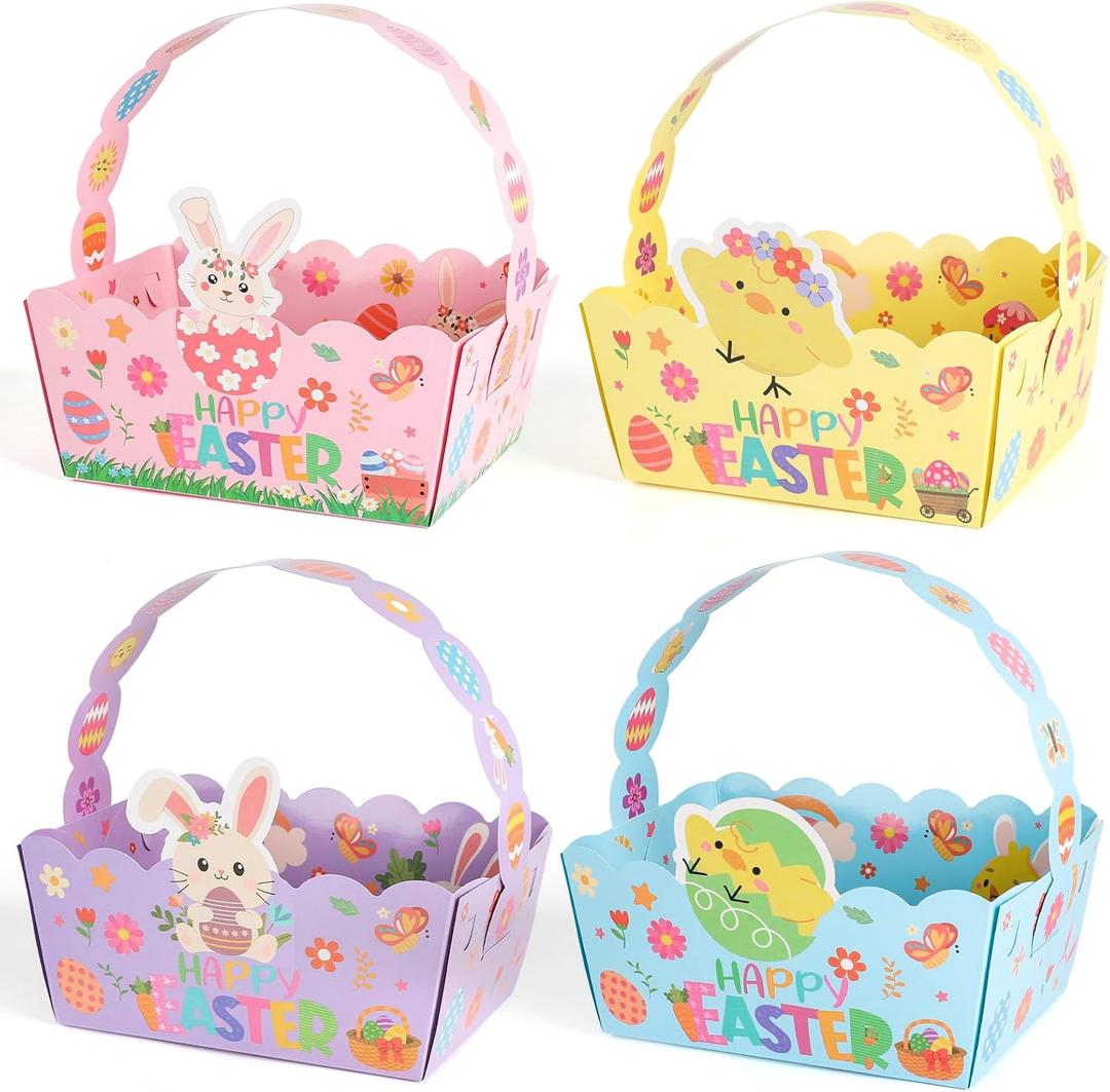 Easter Baskets Craft Set of 24, Small Paper Easter Basket Bulk, Bunny Chick Egg Mini Treat Boxes with Handle for Candy Cookies Egg Hunt Easter Party Supplies (Easter.24)