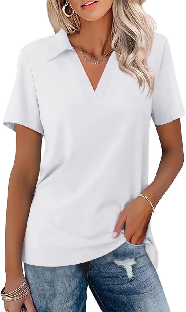 ORANDESIGNE Women's Short Sleeve V Neck Polo Shirts Summer Collared Tops Casual Loose Tees Tops (X-Large, White)