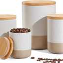 Yangbaga Canisters Sets for Kitchen Countertop-Set of 4 Ceramic Kitchen Canisters Food Storage Jar with Airtight Wood Lids & Spoons & Label,Large Flour and Sugar Containers for Serving Ground Coffee