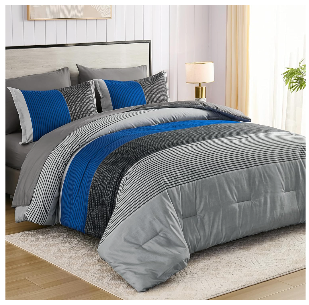 Anibedding King Size Blue Comforter Set 7 Pieces, Blue and Gray Patchwork Striped Bed in a Bag with Sheet Pillowcase for King Bed All Season
