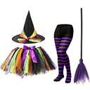 SATINIOR Halloween Witch Costume Set for Girls - Tutu Skirt, Striped Tights, Hat, and Plastic Broom for Cosplay Party Favors Supplies, Size: M