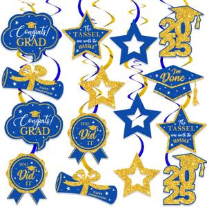 16 PCS Blue and Gold Graduation Decorations Class of 2025, Graduation Hanging Swirls Blue and Gold Congrats Grad Hanging Swirl for Graduation Party Supplies