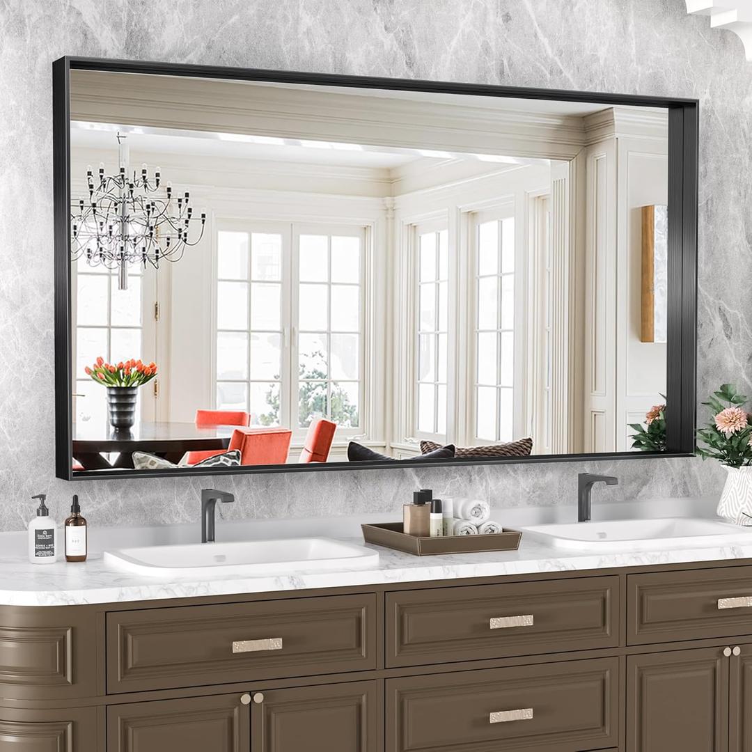 Suidia Bathroom Mirror, 60" x 36" Wall Mirror Metal Framed, Bathroom Vanity Mirror for Living Room Bedroom Bathroom Entryway, Black, Rect Corner Style