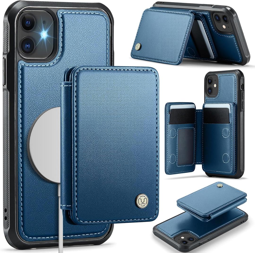 Compatible with Magsafe for iPhone 11 Wallet Case Magnetic Card Holder, RFID Blocking 2 in 1 Detachable Kickstand Shockproof Cover for Women Men, Blue