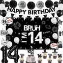 Holkcog Black 14th Birthday Decorations, Happy 14th Birthday Party Decorations Supplies for Boy Girl, Bro I'm 14, Funny 14th Party Supply, Black Glitter Banner, Background, 14 Number Ballons, Fourteen
