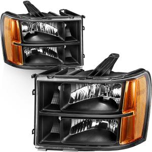 AUTOSAVER88 Headlight Assembly Compatible with 2007-2013 GMC Sierra 1500/2007-2014 Sierra 2500HD 3500HD Black Housing with Amber Reflector Clear Lens