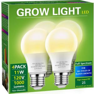 Briignite 4 Pack Grow Light Bulbs, LED White Bulb A19 Bulb, Full Spectrum Plant Bulbs E26 Base, 11W 100W Equivalent, for Indoor Plants, Seed Starting