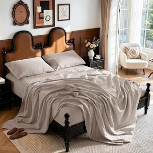 LBRO2M 100% Linen Sheet Set Deep Pocket Fit Up to 19" Bed Sheets Sets, Natural Flax Beddings Soft, Breathable, Comfortable for All Year Round 4 Pcs Sheet Set (King, Linen)