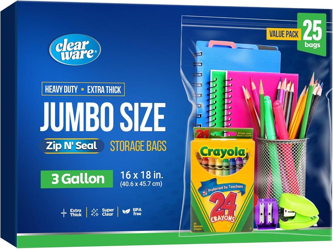Large Storage Bags With Zipper Top - 3 Gallon Size, 16" x 18", Extra Large Plastic for Clothes, Travel, Moving, Large Reusable freezer bags, BPA-Free, 2-mil Thick (X-Large, 25, Count)