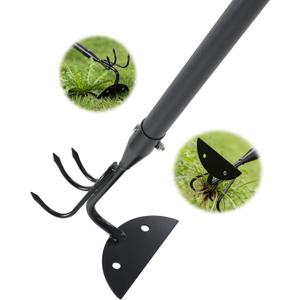65 Inch 2-in-1 Hoe and Cultivator Garden Tool, Heavy Duty Garden Hoe with 3-Tine Tiller Rake for Weeding and Soil Loosening, Long Handle Stand Up Weed Removal Tool for Planting, Digging & Gardening
