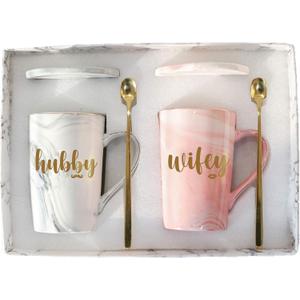 Wifey and Hubby Coffee Mugs Set - Mr Mrs Gifts for Husband Wife - Engagement Wedding Anniversary Valentines Day Gift for Couple - 14 Ounce (Pink and Gray)