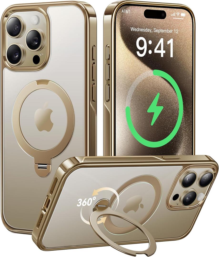 CASEKOO Titanium 360 Rotatable Magnetic Stand for iPhone 15 Pro Max Case [Compatible with Magsafe][16FT Military Protection] Slim 15 Pro Max with Kickstand Ring Phone Cover 6.7'', Gold (for iPhone 15 Pro Max 6.7'', Antique Gold)
