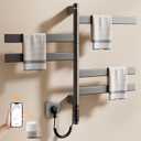ENZE Smart Rotating Heated Towel Rack for Bathroom, 5-Bar Wall-Mounted Electric Towel Warmer with Swivel Bars, Wi-Fi App Control, 24H Timer, Stainless Steel, IPX5, Hardwired/Plug-in, Gray, Black 17.72"x26.77"