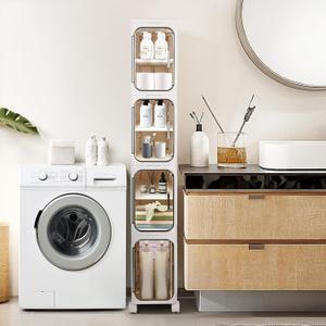 Hobetta 4-Tier 96QT Slim Bathroom Storage Cabinet, Tall Narrow Storage Cabinet with Doors and Adjustable Shelves, Wheels, Stackable & Collapsible Plastic Organizer for Small Spaces, Bathroom, White