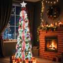 6Ft Prelit Pop Up Christmas Tree with Lights, Collapsible Artificial Christmas Tree Decorations, Foldable Pre Decorated with Ribbon, Bows, Balls, Indoor Outdoor Holiday Party Xmas Decorations (Red and White Striped Ribbon)