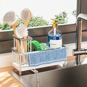 Cisily Sponge Holder for Kitchen Sink, Sink Caddy Organizer with High Brush Holder, Kitchen Countertop Organizers and Storage Essentials, Rustproof 304 Stainless Steel (Silver with Towel Rack, 9.25)