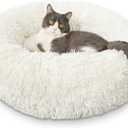 HACHIKITTY Calming Donut Cuddler Dog Bed, Round Fluffy Pet Bed for Small Dogs, Washable, Large, White, 24''