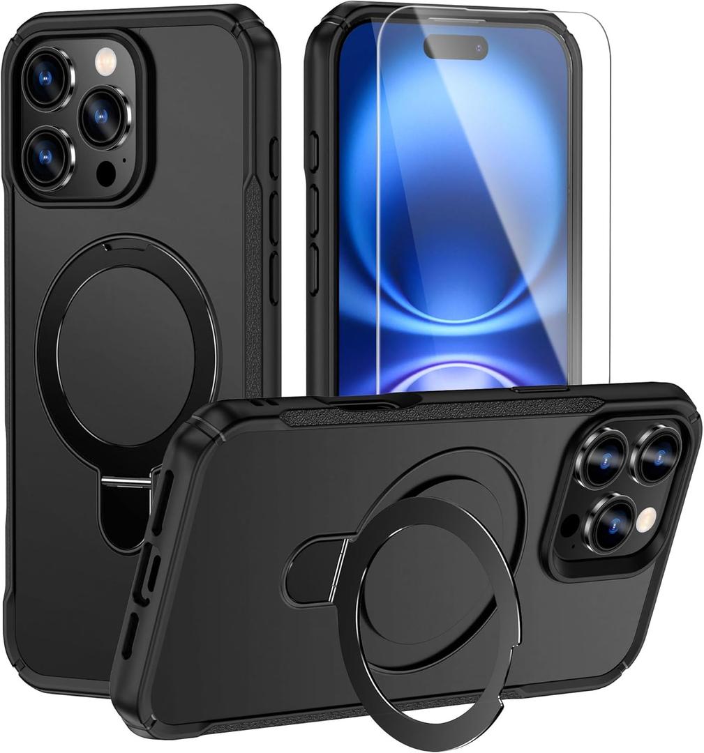 for iPhone 16 Pro Max Magnetic Case with a Tempered Screen, [Compatible with Magsafe] [Invisible Built in Stand & Ring Holder] MIL-Grade Shockproof Full Protective Case for 16 Pro Max-Black
