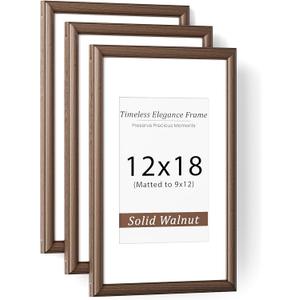 Natural Walnut 12x18 Picture Frames Mat to 9x12 Picture Display Set of 3,Original Wood Handcrafted 12x18 Wooden Certificate Frame with Tempered Glass Graduation Family Wedding Photo Wall Mounted