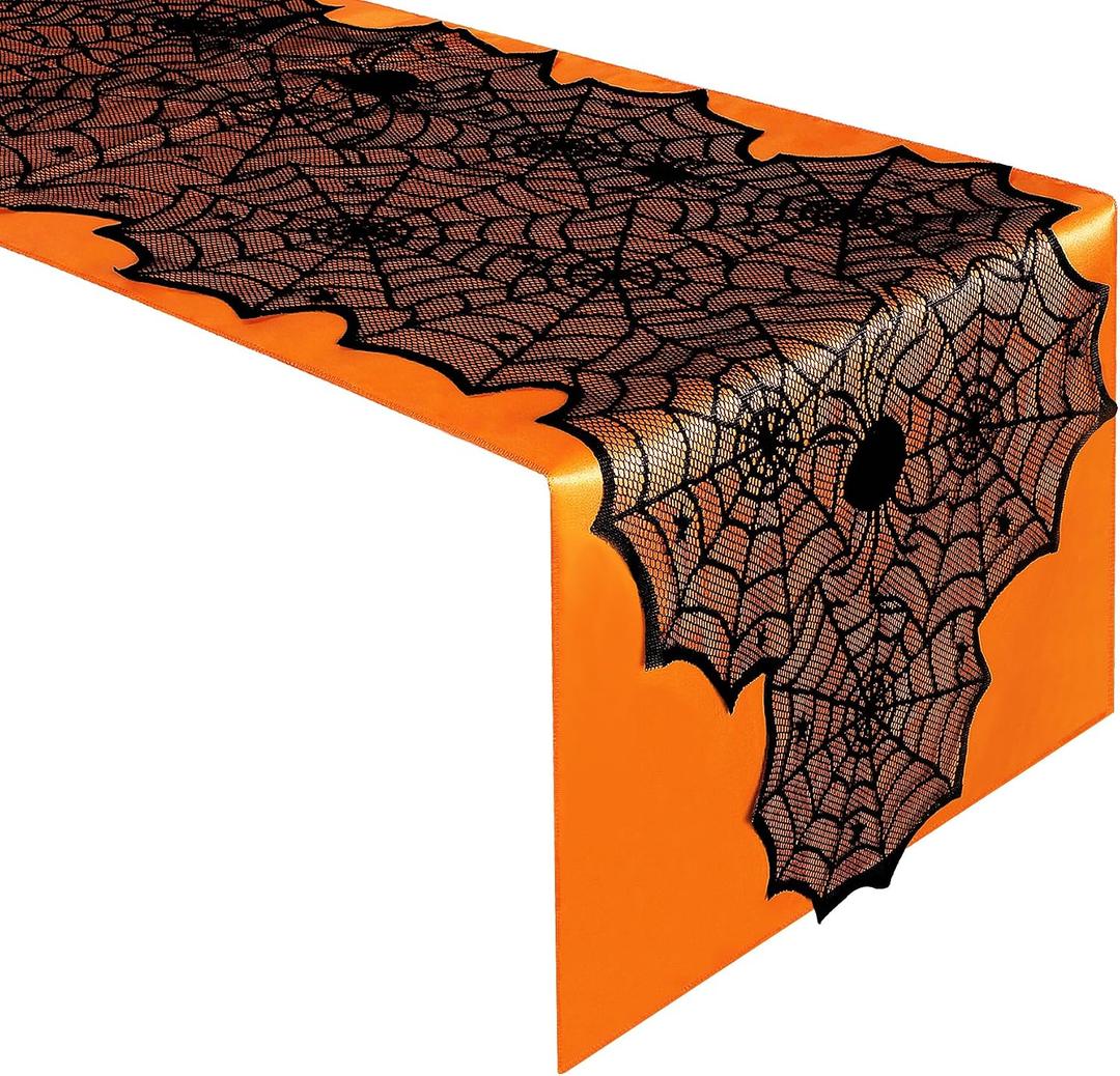 RunNico 2 PCS Halloween Spider Web Lace Table Runner, 72'' x 18'' Halloween Crawling Spider Lace-Lined Table Decoration, Black Orange Spider Web Tablerunner for Halloween Table and Home Decorations