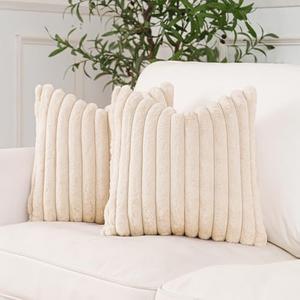 NiNi ALL Faux Fur Plush Throw Pillow Covers Beige 18x18 Inch Set of 2 Decorative Soft Plush Striped Couch Pillow Cover for Sofa Cushion Cases for Couch Bed Home Decor