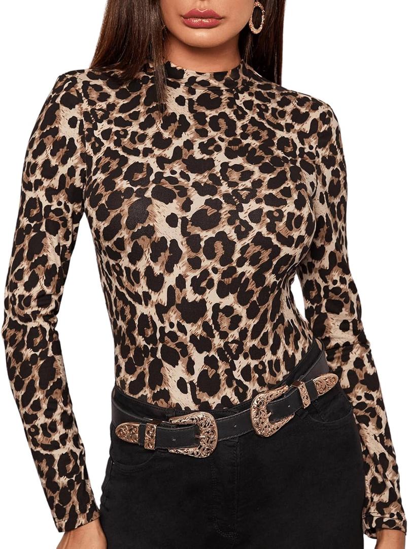 Floerns Women's Long Sleeve Mock Neck Slim Snakeskin T-Shirt Tops (Medium, Leopard)