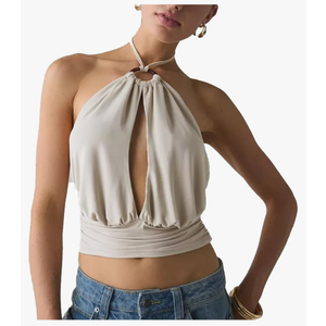 Women Y2K Solid Color Plunge Top Causal Cowl Neck Sleeveless Slim Fit Backless Halter Shirt Summer Streetwear Small