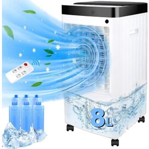 Portable Air Conditioners with 8L Water Tank, 2024 New Quiet Swamp Cooler 3 Adjustable Speeds, 70 Oscillation, 6 Ice Packs, Remote Control, Efficient Air Cooling for Rooms, Bedrooms, Office