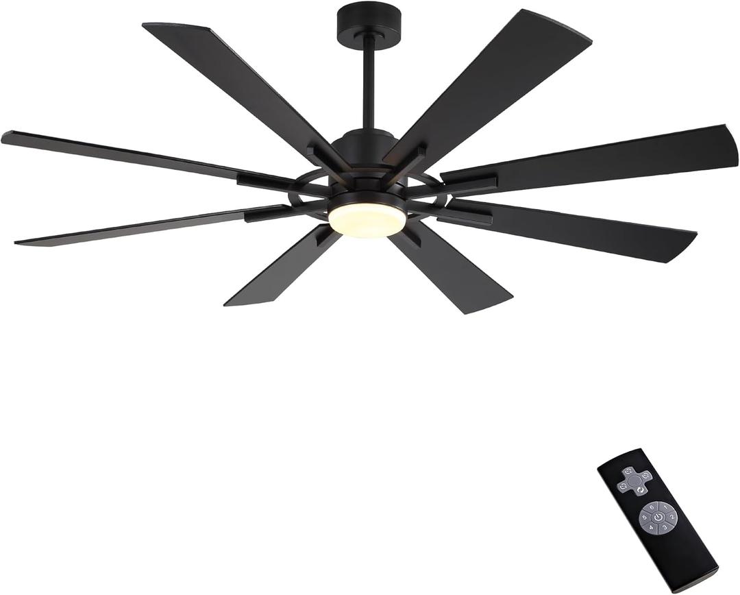 WINGBO 60" DC Ceiling Fan with Lights and 3 Downrods, Matte Black Ceiling Fan, 8 Plywood Blades, 6-Speed Reversible DC Motor, Large Ceiling Fans for Kitchen Bedroom Living Room