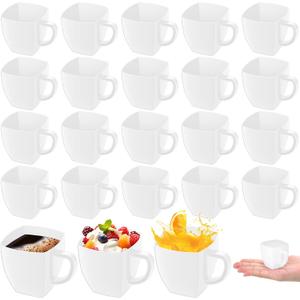 Amyhill Mini Disposable Tea Cups with Handle, 2oz Hard Plastic Coffee Mug Bulk Plastic Square Disposable Espresso Cups for Wedding Tea Party Catering Dessert Sampling(White,50 Pcs)