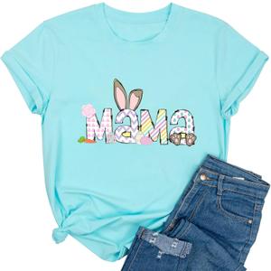 Yimoya Happy Easter Shirt Cute Easter Tees Leopard Bunny Rabbit Graphic Tees (Blue, XL)
