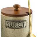 LYEOBOH 15OZ Sugar Bowl, Sugar Dish, Rustic Sugar Container with Wood Lid and Spoon for Coffee Bar, Dishwasher Safe, Stainless Steel Spoon - Farmhouse Kitchen Decor Housewarming Gift, Beige