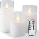 Amagic Glass Flameless Candles with Remote, Battery Operated Candles with Timer, Real Wax LED Pillar Candles with Flickering Flame for Home Wedding Fall Decor, White, Set of 3