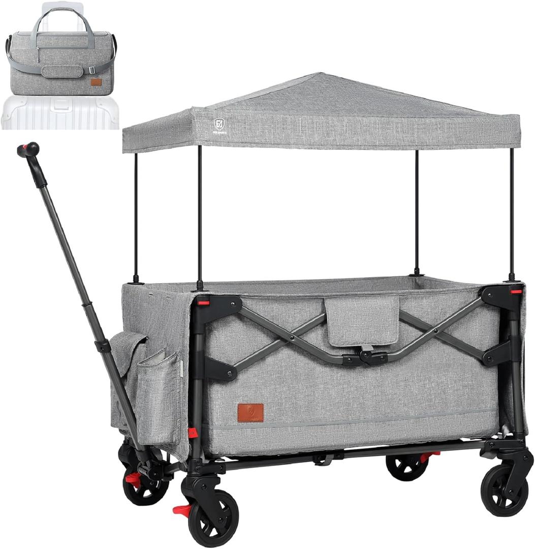 EVER ADVANCED Foldable into Bag Travel Wagon Stroller for 2 Kids & Cargo, Collapsible Toddler Wagon with Removable Canopy, Adjustable 5-Point Harness, Lightweight Carry-on Stroller for Airplane, Gray