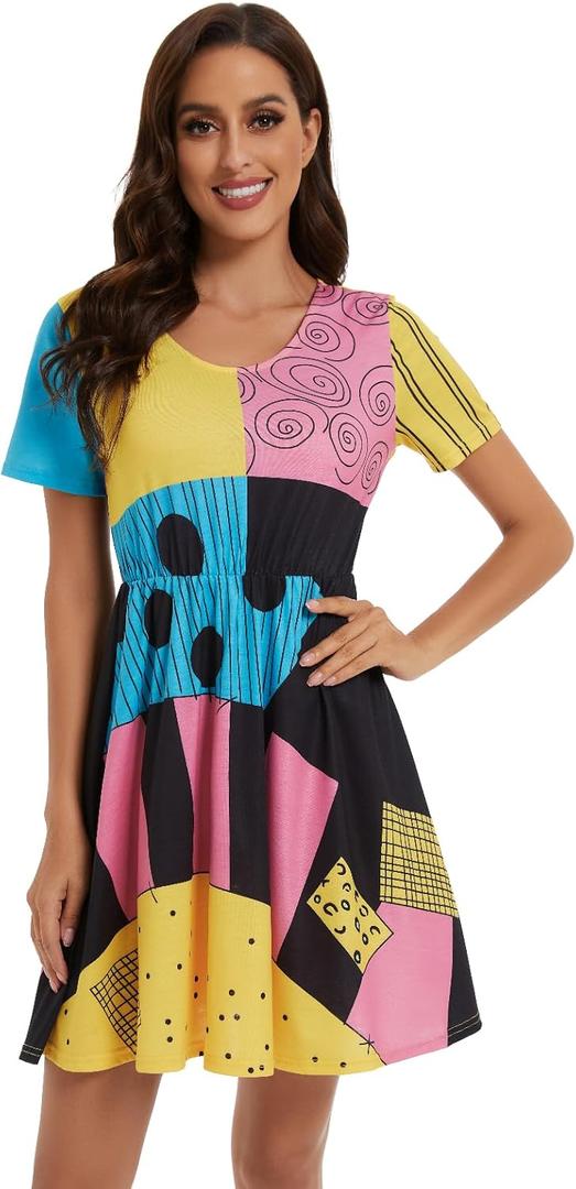 ICEYOU Sally Costume Women Halloween Short Sleeve Sally Dress (Large, Multicolour)