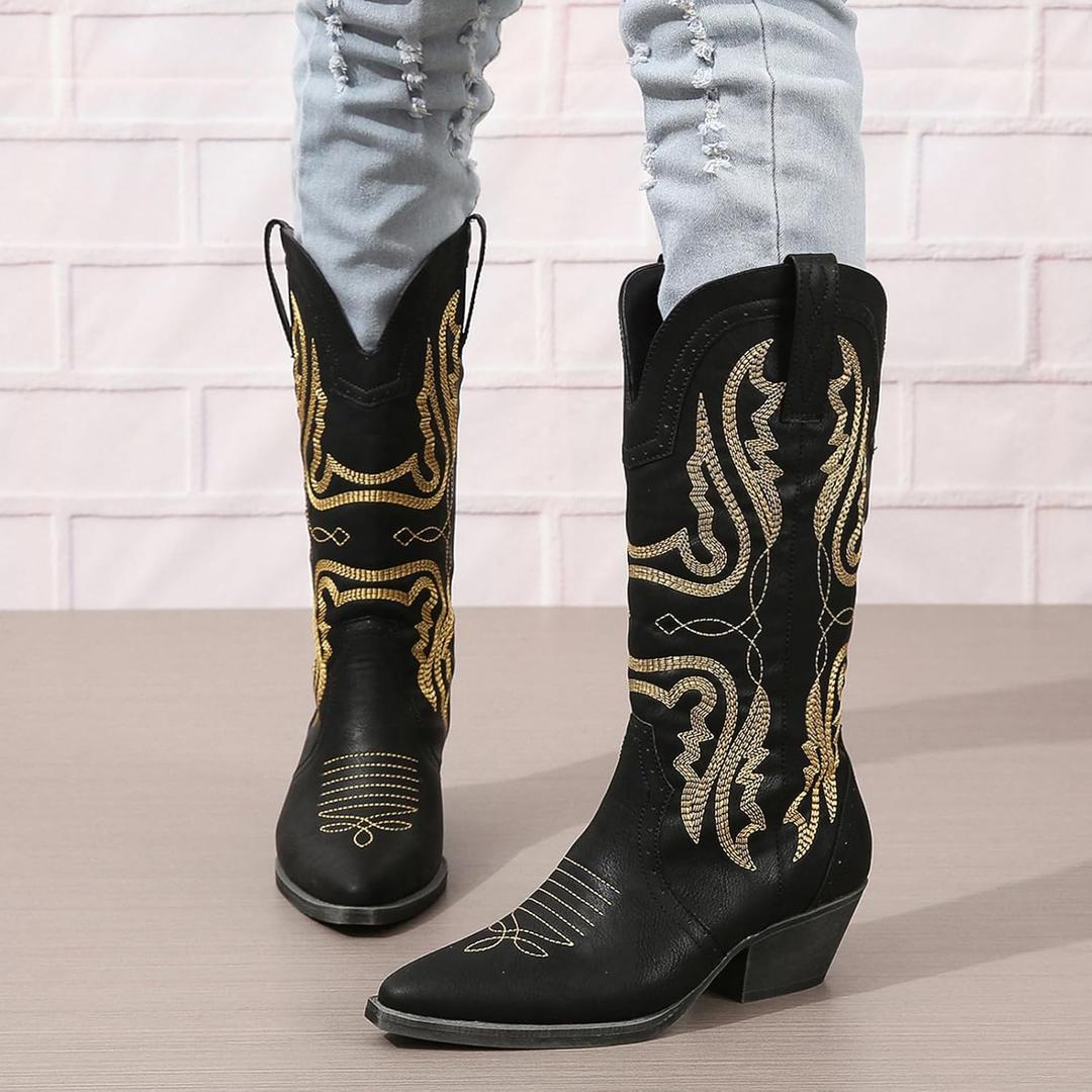 Cowboy Boots for Women Cowgirl Mid Calf Western Boots Embroidered Stitched Pointed Toe Chunky Block Heel Black 8.5
