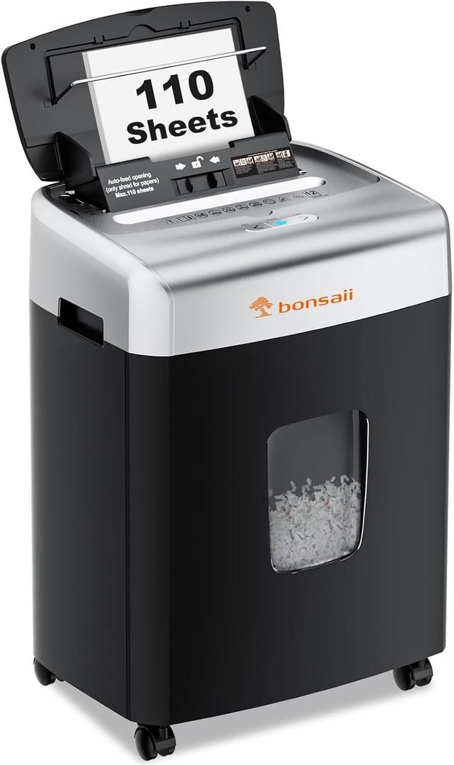 Bonsaii Paper Shredder for Office, 110-Sheet Autofeed Heavy Duty Shredder for Home Office Use, 30 Minutes/Micro Cut/P-4 High Security Level/6 Gallon Large Bin