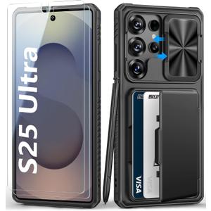 for Samsung Galaxy S25 Ultra Case with Tempered Glass Screen Protector, Wallet Card Holder (4-5 Card), Slide Camera Cover, Military Grade Protection, Heavy Duty Case for Samsung S25 Ultra, Black