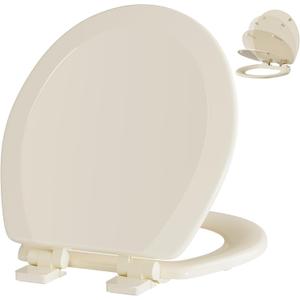 Angol Shiold Quiet-Close Molded Wood Toilet Seat with Non-Slip Adjustable Hinges, Anti-Pinch Bumpers, Easy Install & Clean (Bone, Round 16.5''）