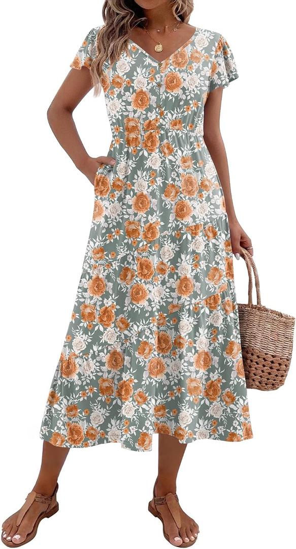 Zeagoo Women's Summer Casual Dress Flutter Short Sleeve V Neck Button Down Tiered Flowy Long Dress with Pockets (XL)