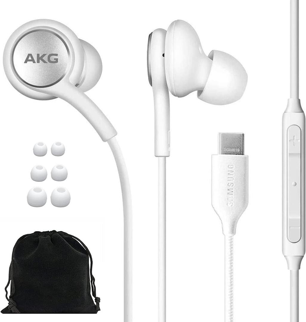 SAMSUNG AKG Earbuds Original USB Type C in-Ear Earbud Headphones with Remote & Mic for Galaxy S23 Ultra, A53 5G, S22, S21 FE, S20, Note 10, 10+, S10 Plus - Braided - Includes Velvet Pouch - White