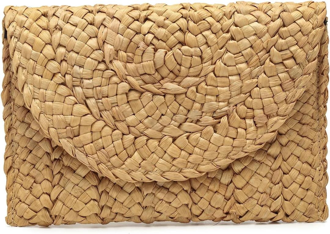 Women Straw Clutch Summer Straw Beach Bag Woven Evening Purse Envelope Handbag Khaki Wallet Purse