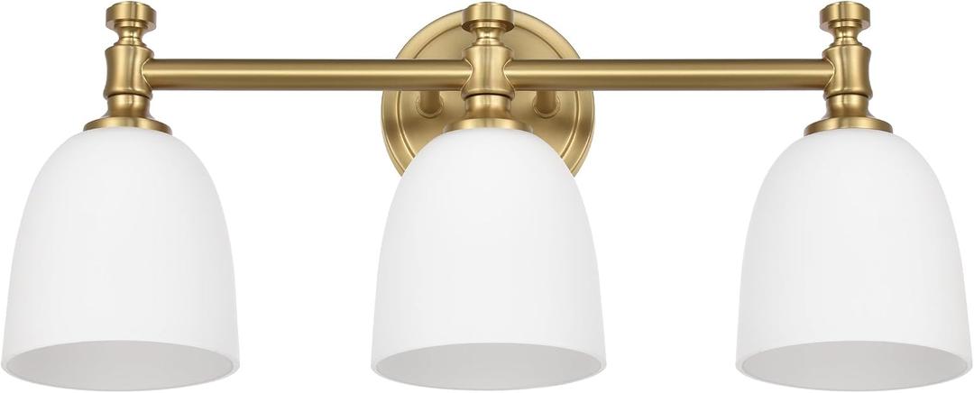 Gold Bathroom Vanity Light, 3-Light Bathroom Light Fixtures Over Mirror, Traditional Vanity Lights for Living Room, Milk White Bell Glass Shades, Standard E26 Base, Aged Brass