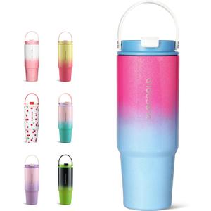 DLOCCOLD 30 oz Stainless Steel Tumbler with Straw & Handle, Insulated Double Walled Water Bottle for Home, Office, Car, Leak Proof, Reusable Cup with Flip Straw for Women Men, Cupholder Friendly (pinkpurple)