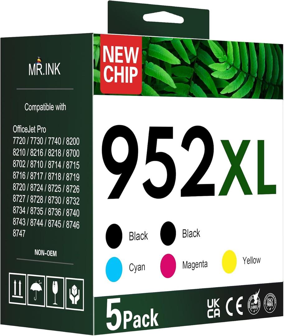 952XL Ink Cartridges Black Color 5 Combo Pack Compatible for HP 952 XL HP952 HP952XL to OfficeJet 8710 8720 7740 8725 8210 8715 8702 8740 7720 8730 8216 8700 Printer Black Cyan Magenta Yellow (5-Pack)